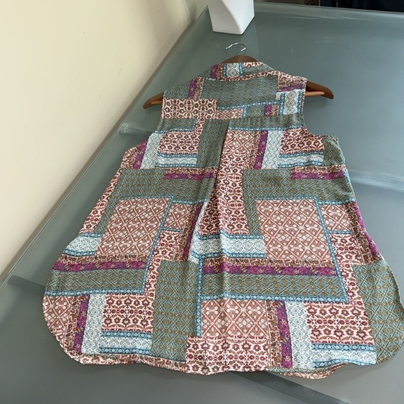 Rose + Olive Shirt Boho Patchwork Print Sleeveless Button Down Blouse Size M - Picture 6 of 8